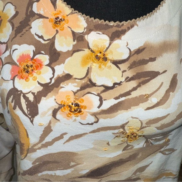 Alfred Dunner Floral Top Beige Brown 3/4 Sleeve Embellished Blouse - Picture 2 of 9